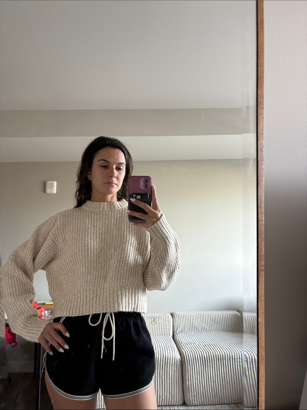 Monki Cropped Ribbed Crewneck Sweater - Cream